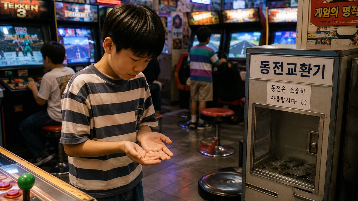 동전 교환기 앞에서 빈 손을 바라보는 아이와 뒤편에서 게임하는 사람들의 모습