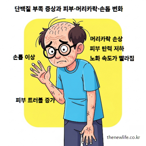 단백질 부족 증상으로 피부 트러블, 머리카락 손상, 손톱 이상 등 외적인 변화가 나타난 모습