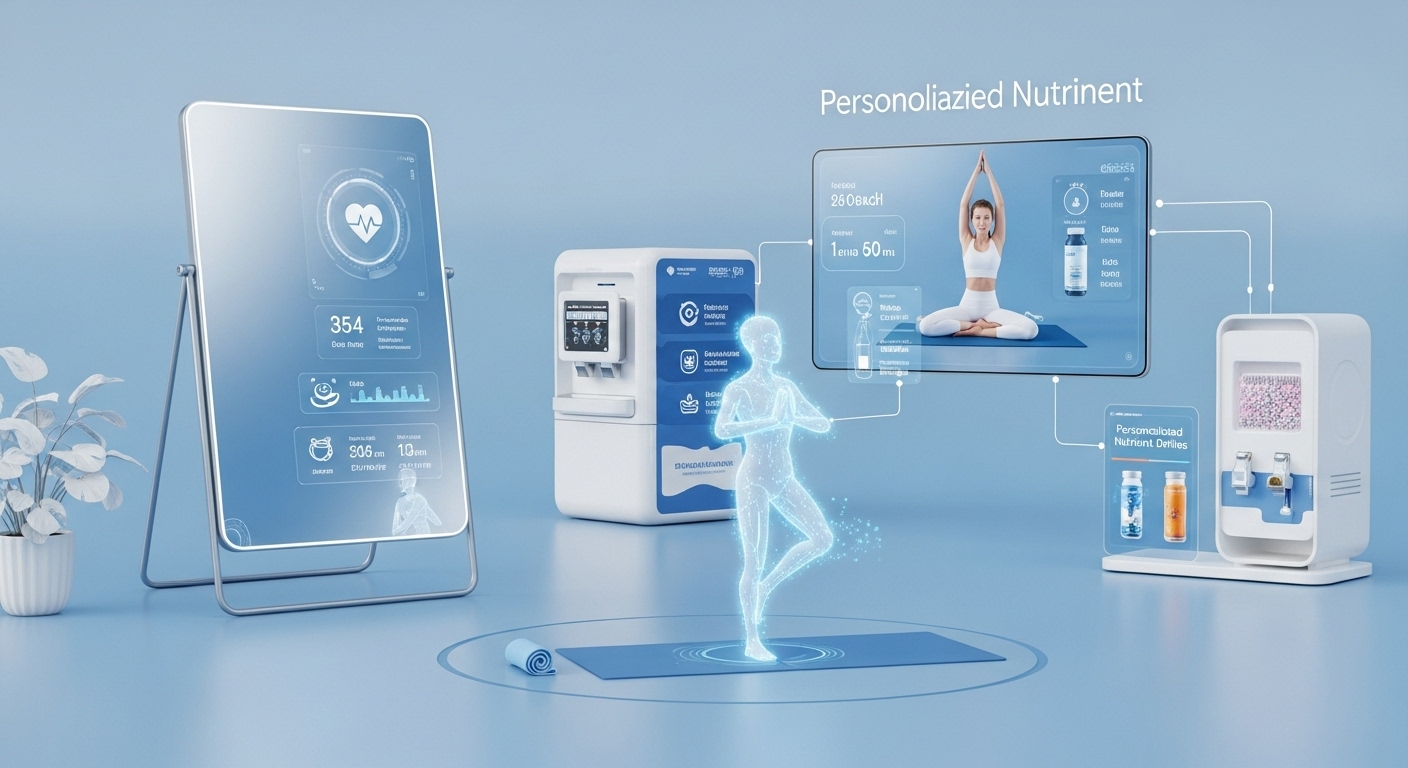 스마트 미러에 건강 지표가 표시되고, 가상 AI 코치가 요가 자세를 알려주며, 맞춤 영양제가 준비되는 미래 AI 건강 관리 시스템의 모습. 신체 및 정신 건강 통합 관리.