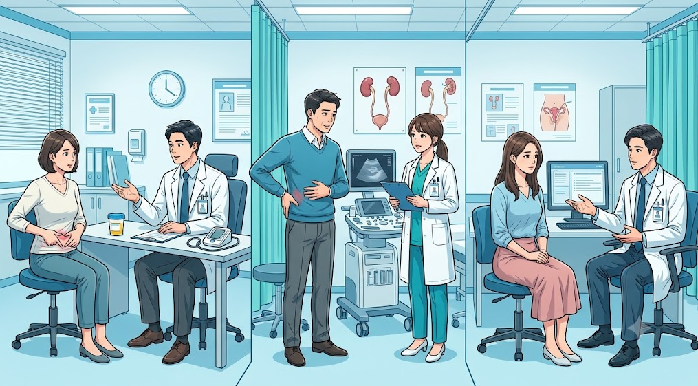 일반 외래, 비뇨의학과, 여성 질환 진료실에서 이루어지는 환자와 의료진의 상담 장면 비교 일러스트