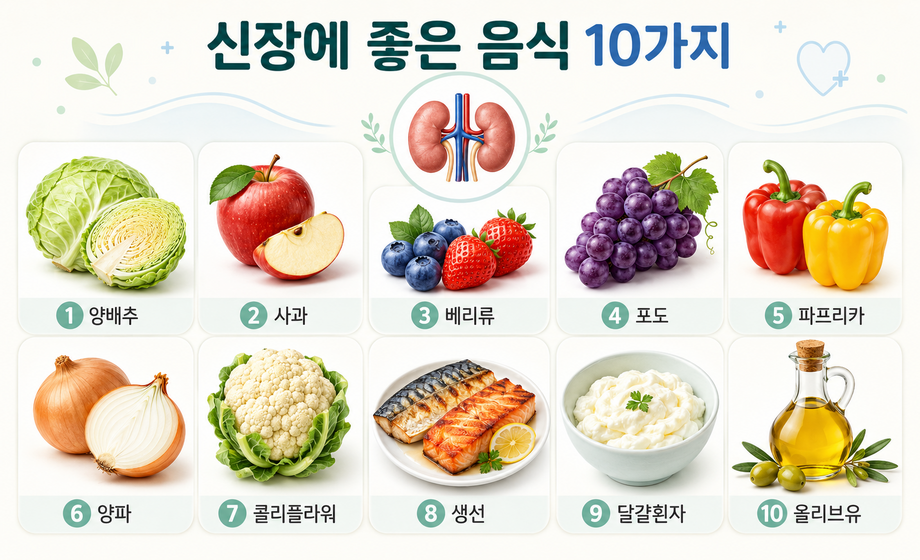 신장에 좋은 음식 10가지인 양배추, 사과, 베리류, 포도, 파프리카, 양파, 생선, 달걀흰자, 올리브유를 정리한 이미지
