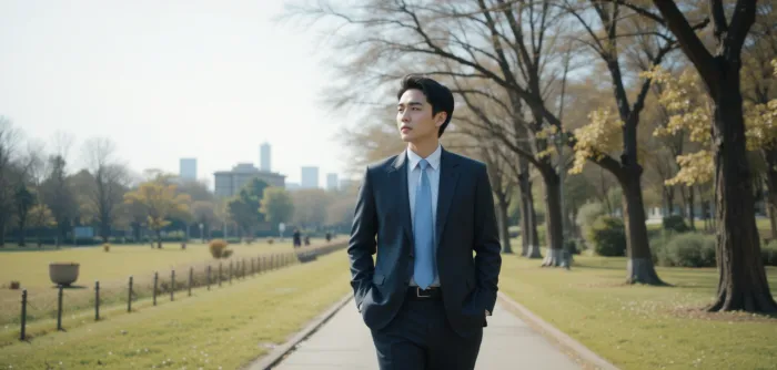 공원 산책하며 삶을 되돌아보는 직장인