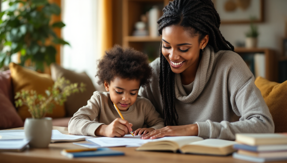 한부모 가족이 복지 지원을 받아 아이와 함께 공부하는 모습