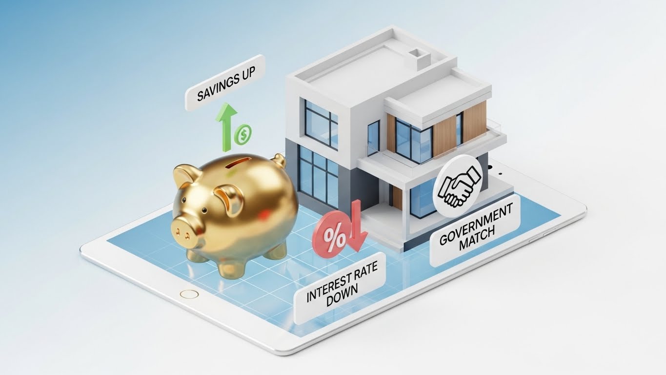 청년 자산 형성과 주택 마련 혜택을 시각화한 3D 입체 그래픽 일러스트