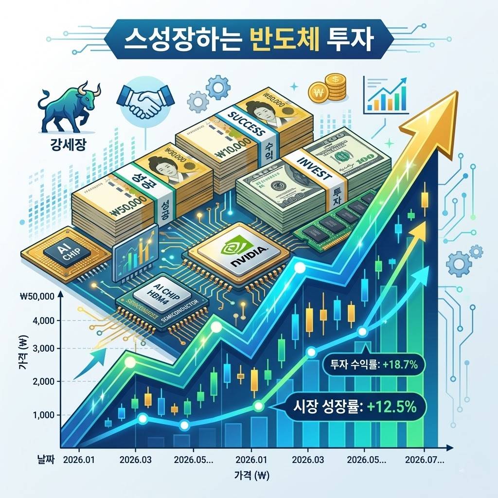 상승하는 주가 그래프 위에 반도체 칩과 돈다발이 놓여 있는 투자 컨셉의 벡터 이미지