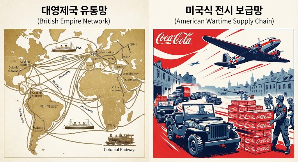 왼쪽은 대영제국의 증기선과 식민지 항구, 철도를 잇는 복잡하고 오래된 제국적 네트워크를, 오른쪽은 2차 대전 중 미군 지프와 트럭, 수송기가 코카콜라 박스를 전 세계(유럽 전선)로 거침없이 실어 나르는 단순하고 강력한 전시 보급망을 대조했습니다. 구조는 같지만 엔진(증기선 vs 군수물자)이 달랐던 두 세계화 엔진의 차이를 보여줍니다.