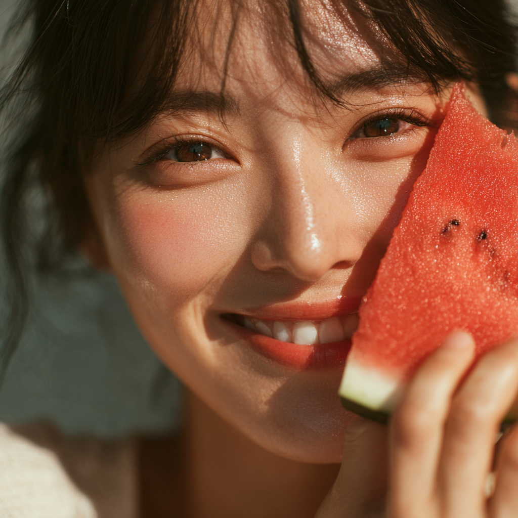 수박 조각을 얼굴에 대고 웃고 있는 20대 한국 여성의 여름 쿨링 스킨케어 장면