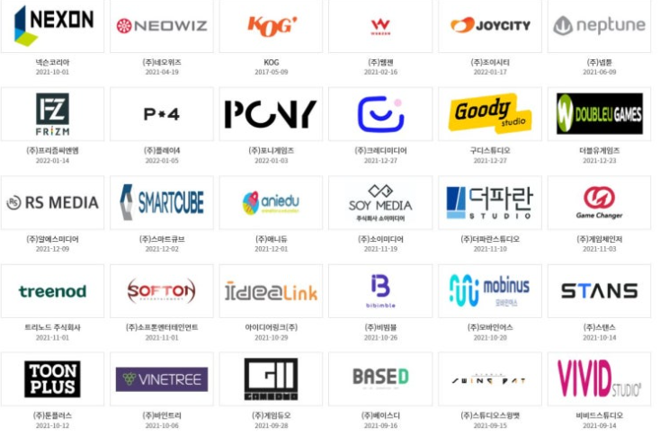 게임관련 회사들 넥슨, 네오위즈, 등 30개 회사 로고 이미지입니다.