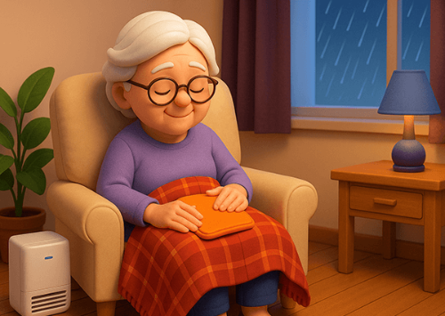 실내에서 무릎 담요를 덮고 찜질 중인 중년 여성