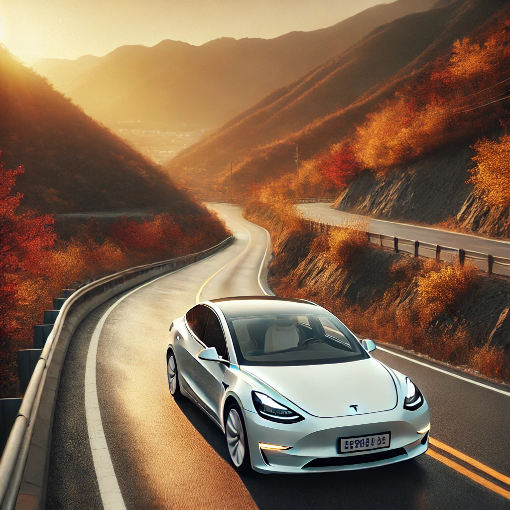 가을 산길을 달리는 테슬라 모델Y의 감성과 분위기