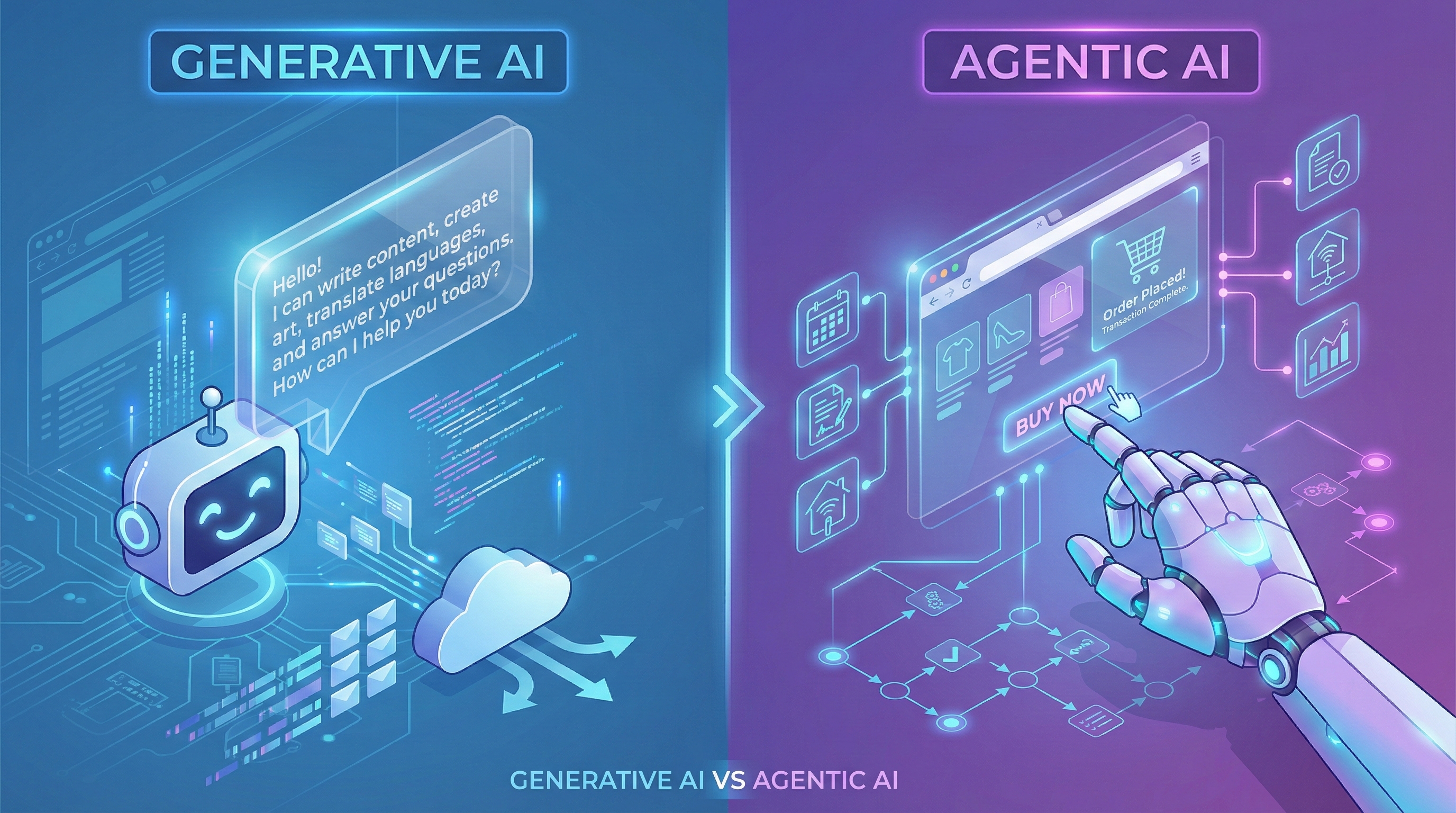 사용자의 질문에 답변만 하는 생성형 AI와 웹 브라우저를 직접 제어하여 업무를 수행하는 에이전틱 AI의 기능적 차이를 보여주는 비교 이미지