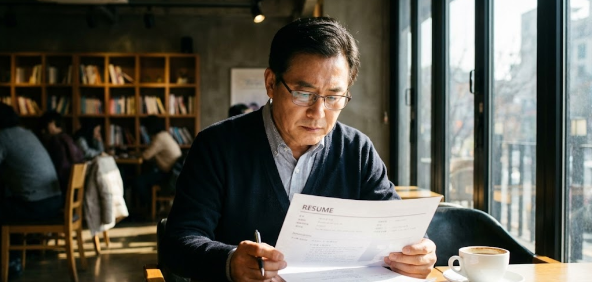 중장년 구직자가 깔끔한 복장으로 면접 자료를 검토하는 모습