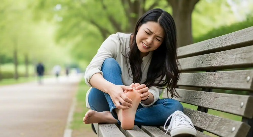 걷다가 발이 아파서 공원 의자에 앉아 발을 주무르고 있는 여성의 모습