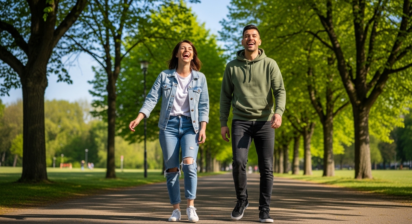 공원에서 친구와 활기차게 걸으며 대화하는 모습