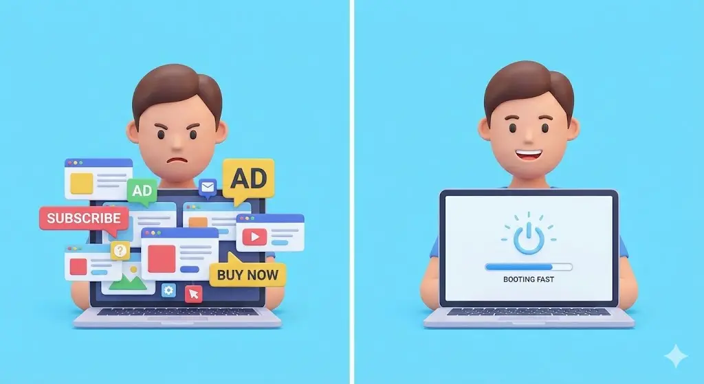 노트북 부팅 시 뜨는 귀찮은 광고 화면과 깔끔하게 정리된 화면 비교