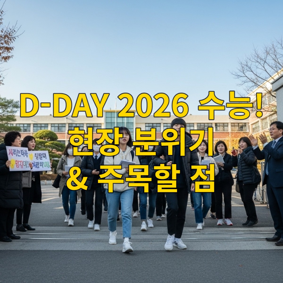 2025년 11월 13일, 2026학년도 대학수학능력시험 고사장 앞에서 수험생들이 학교로 입장하고, 학부모와 교사들이 응원하는 모습.