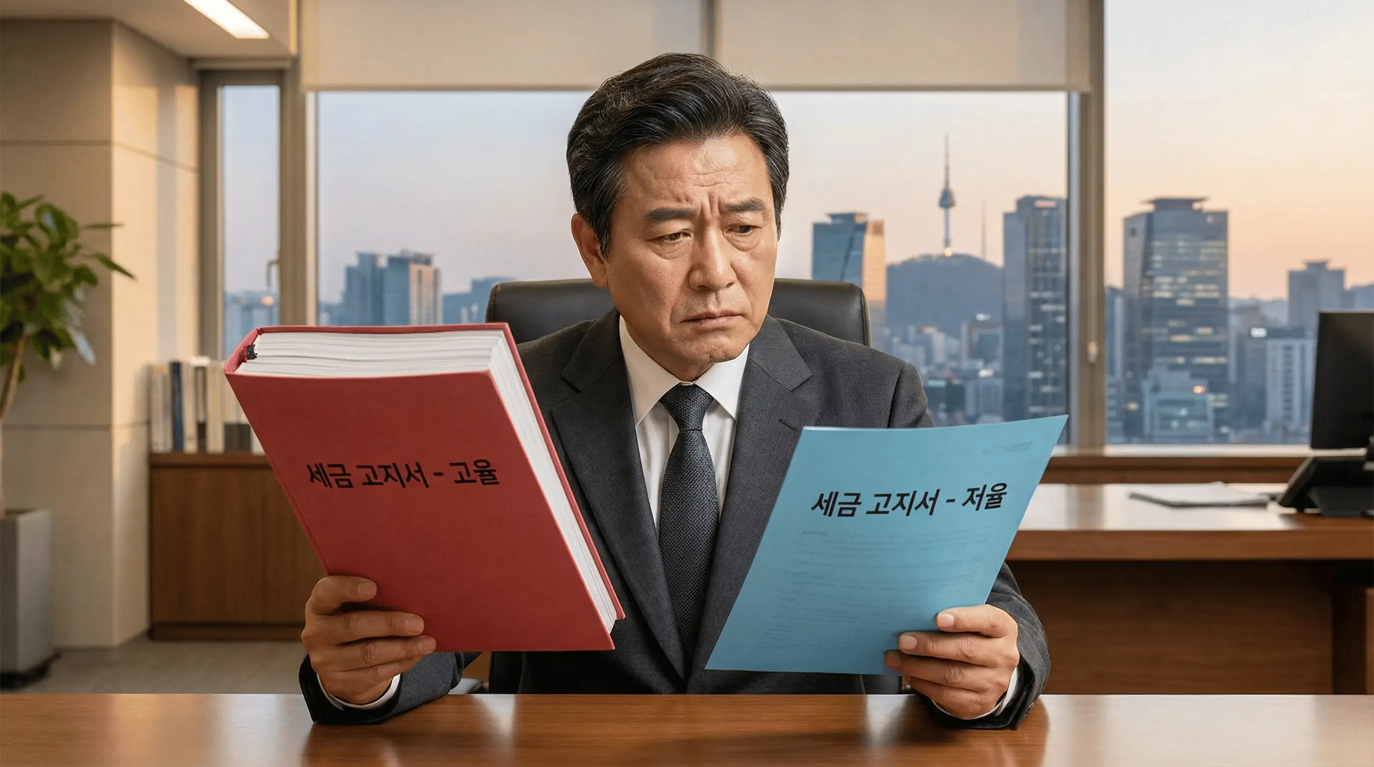 12%의 높은 세금 고지서와 1%의 낮은 세금 고지서를 비교하며 고민하는 법인 대표의 모습