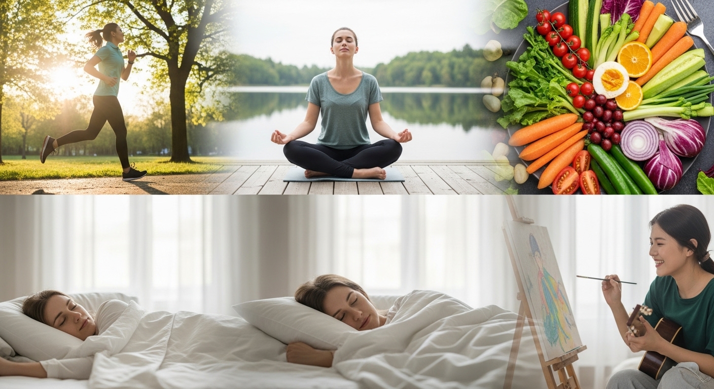 조깅하는 사람, 명상하는 사람, 건강한 채소 접시, 숙면을 취하는 모습, 취미 활동을 즐기는 사람 등 건강한 생활 습관을 보여주는 활기찬 콜라주 이미지.