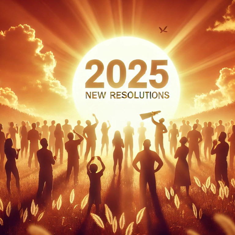 2025년 새해를 맞이하며 태양 아래 다짐하는 사람들의 실루엣