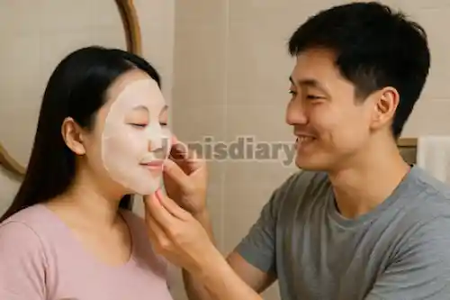 임산부 아내 팩 해주는 남편 이미지