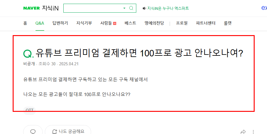유튜브 프리미엄 결제 시 광고 질문 지식인