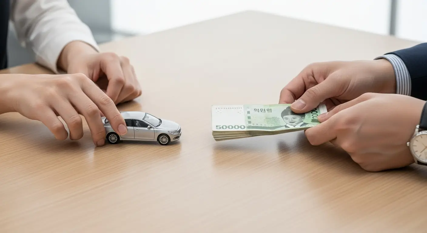 자신의 자동차 모형을 담보로 현금(대출금)을 받는 것을 상징하는 이미지