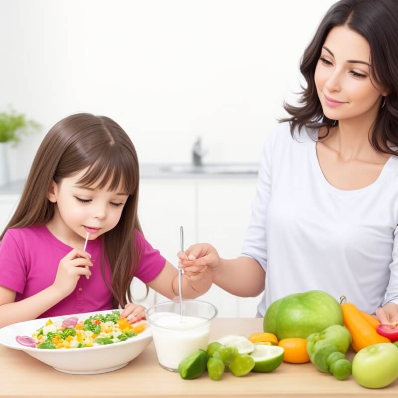 아이에게 건강한 식사를 제공하는 엄마와 식사중인 딸
