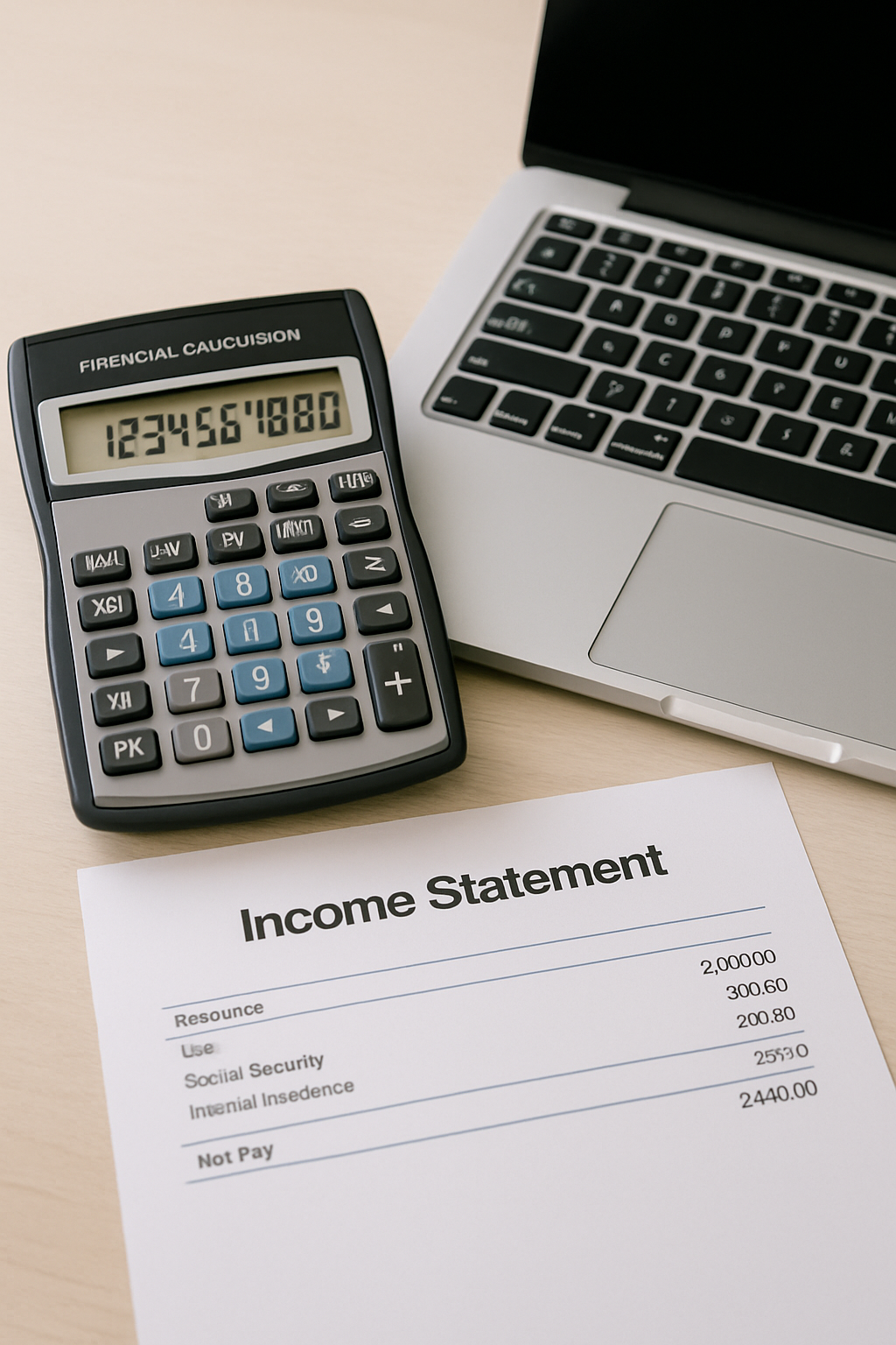 financial calculator and laptop on desk for income calculation
