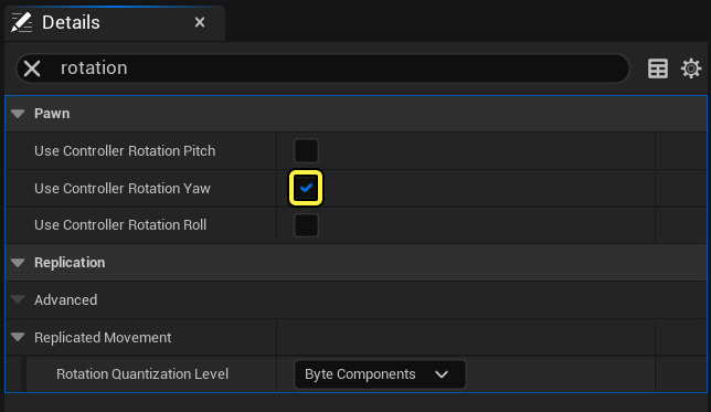  In the Details panel search for and add a Tag set to Playerbtqs-step-6-18.png)
- AI 폴더에서 Enemy_Character 블루프린트를 실행합니다.
- 디테일 패널에서 회전(Rotation) 을 찾아 컨트롤러 회전 요 사용(Use Controller Rotation Yaw) 을 활성화합니다.
그러면 AI는 비헤이비어 트리 에서 Rotate to Face BB Entry 가 호출될 때 적절하게 회전할 수 있게 됩니다. - 폰 옵션이 보이지 않나요? 툴바에서 클래스 디폴트(Class Defaults) 버튼을 클릭해야 할 수도 있습니다.
![