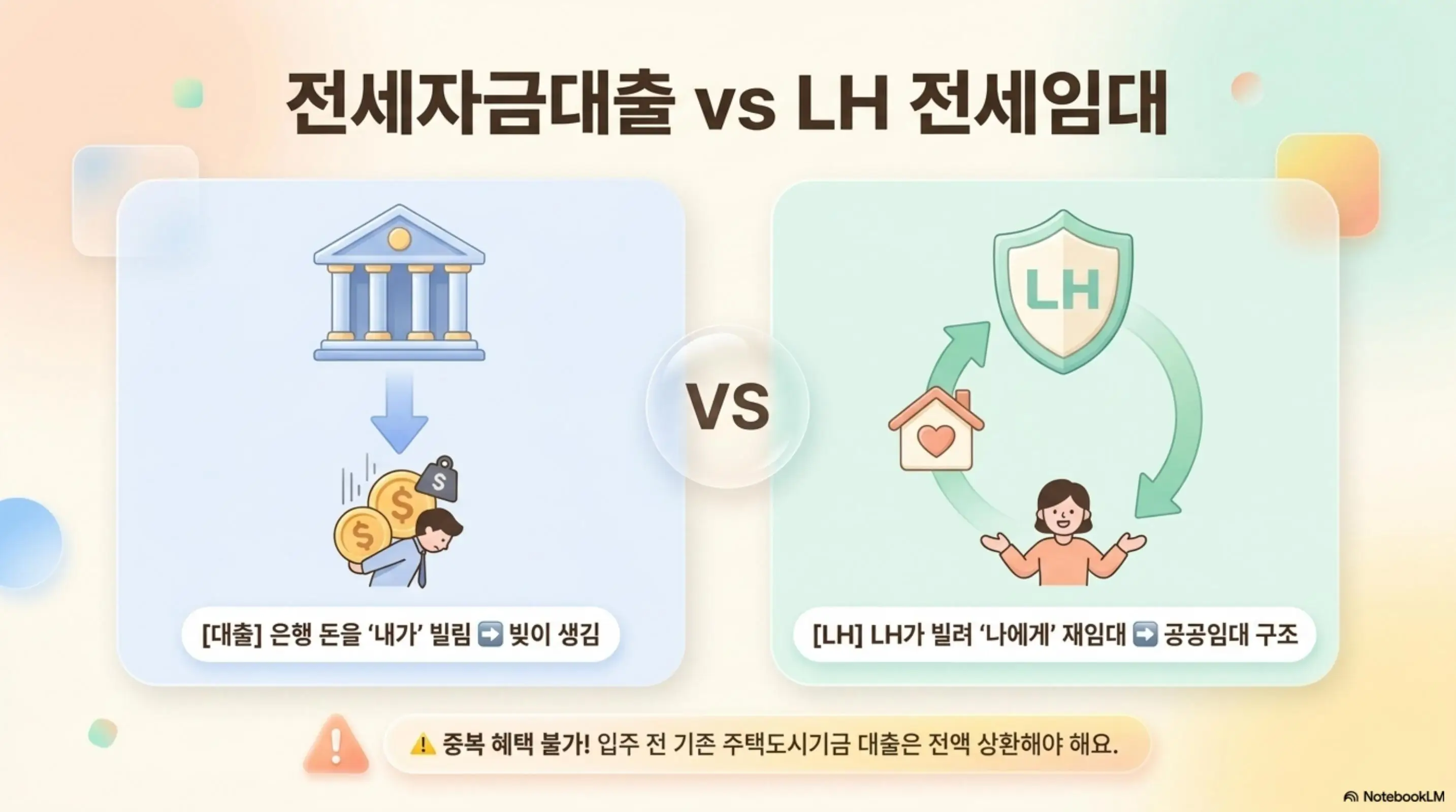 LH 전세임대주택 조건: 전세자금대출과 LH 전세임대의 구조적 차이를 비교한 인포그래픽. 왼쪽은 은행에서 돈을 빌려 빚이 생기는 대출 구조이고 오른쪽은 LH가 빌려 입주자에게 재임대하는 공공임대 구조임을 보여주며 중복 혜택 불가와 기존 주택도시기금 대출 상환 필요 안내를 포함함
