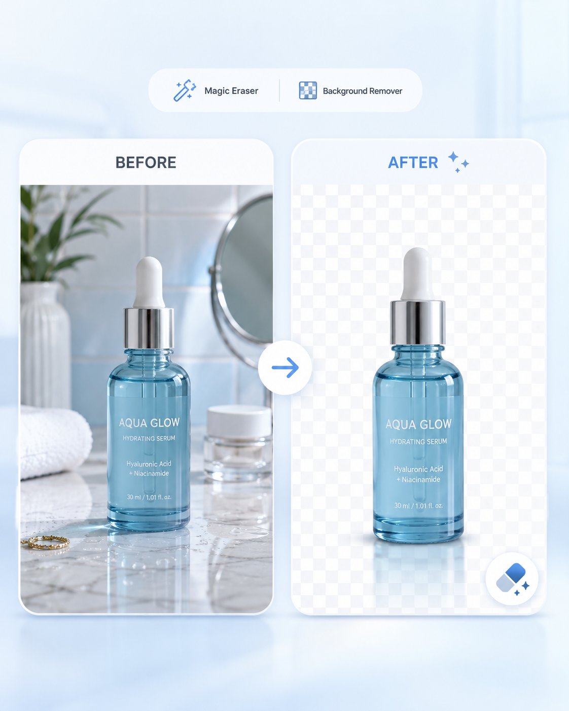 같은 이미지의 편집 전후: 원본 AI 이미지와 Magic Eraser&middot;Background Remover 적용 결과