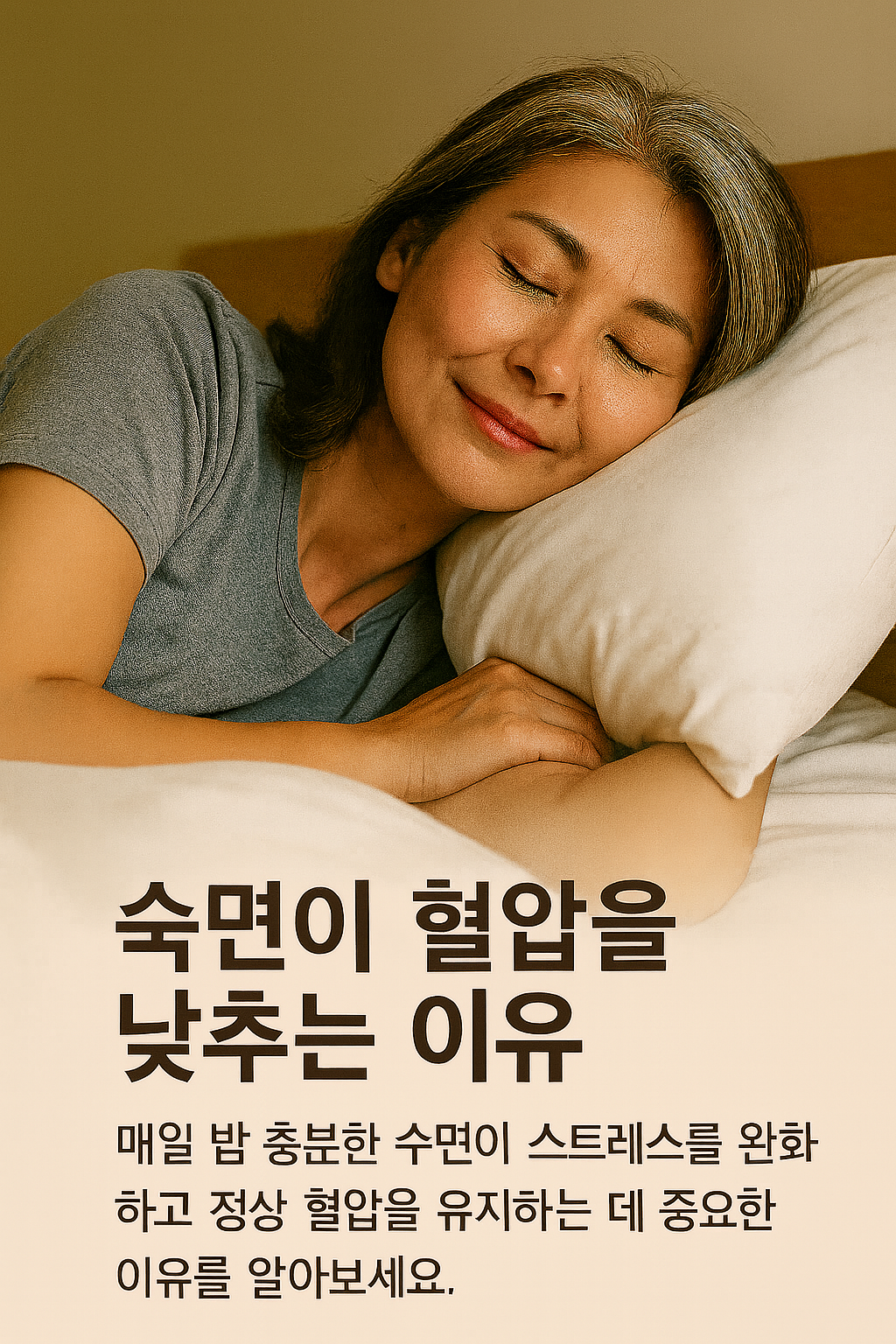 중년 여성이 편안하게 숙면 중인 이미지, 숙면이 혈압을 낮추는 이유 매일 밤 충분한 수면이 스트레스 완화하고 정상 혈압을 유지하는데 중요한 이유를 알아보세요 문구