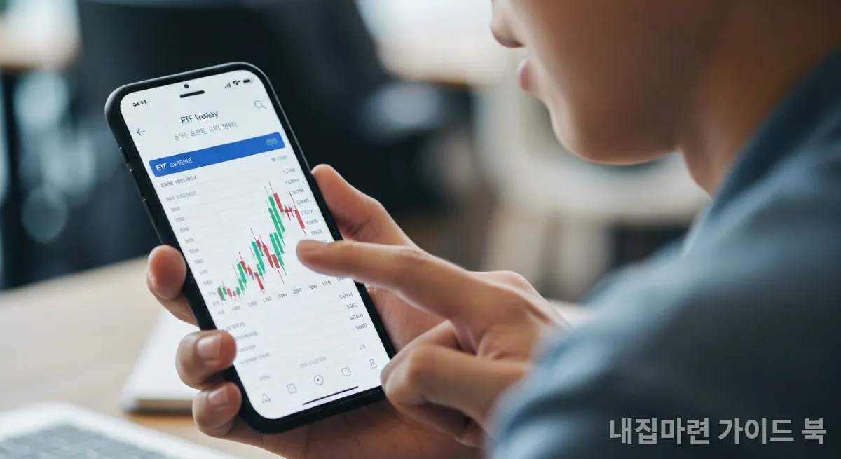 스마트폰으로 ETF 투자 앱을 확인하며 소액 투자를 하는 젊은 한국 남성