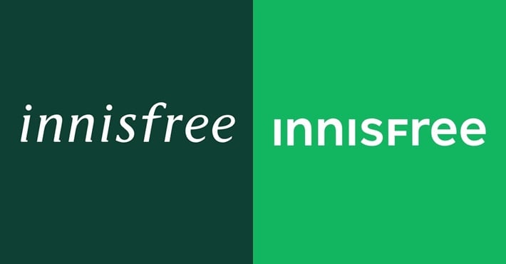 2018년 선보인 이니스프리 로고(왼쪽)와 2023년에 바뀐 새 로고. 최신 로고 트렌드에 맞춰 간결하게 변했다.