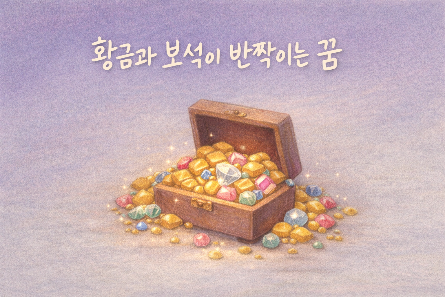 연보라 배경 위 보석함에서 황금과 보석이 은은히 빛나는 꿈해몽 일러스트
