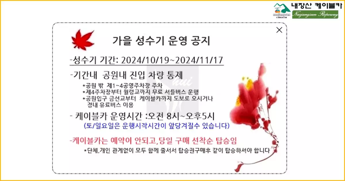 내장산 케이블카 가을 성수기 운행시간