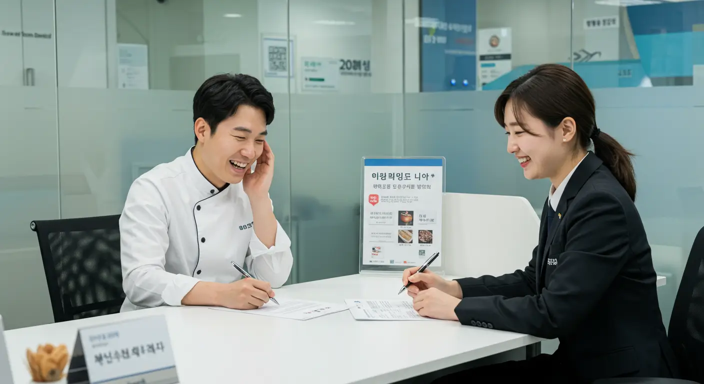 휴대폰 미납 해결 후 은행에서 사업자 대출 계약에 성공하는 자영업자의 모습