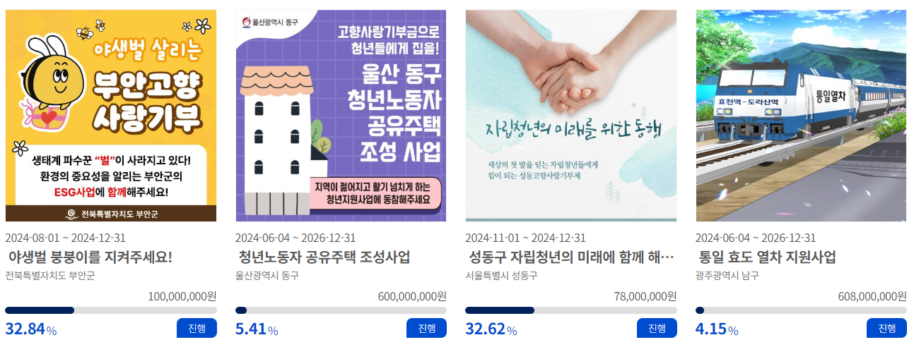 고향사랑 기부 지역별 사업 안내