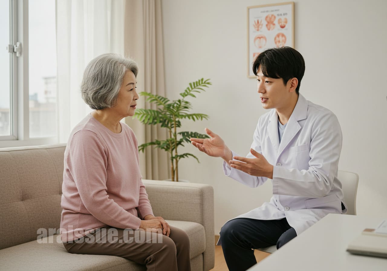 병원비 절감을 위한 치료 옵션을 상담하는 65세 이상 환자