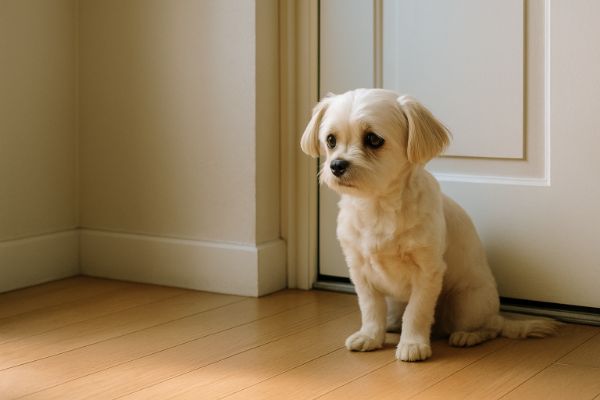 아파트 현관문 옆에 불안한 표정으로 홀로 앉아있는 작은 강아지(치와와)의 모습입니다. 살짝 처진 귀와 풀린 눈빛에서 외로움과 불안감이 느껴지며, 깨끗한 배경이 강아지의 감정을 더욱 부각시킵니다.