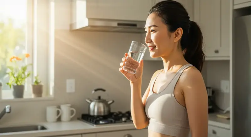 햇살 가득한 아침, 주방에서 건강을 위해 물을 마시는 여성
