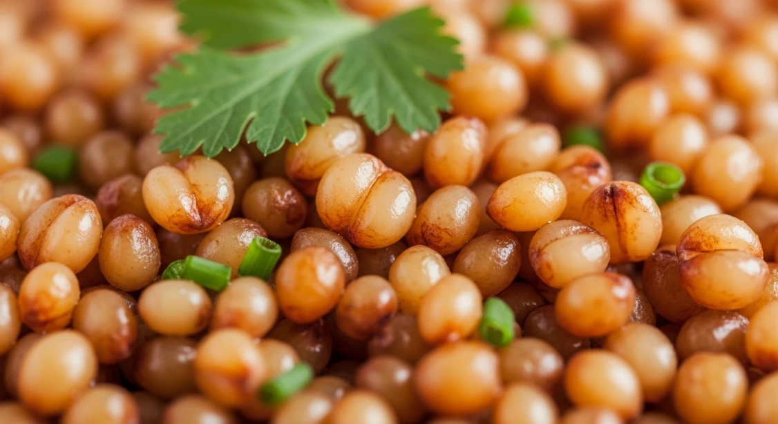 알알이 씹히는 식감이 살아있는 따뜻한 수수밥 클로즈업 이미지.