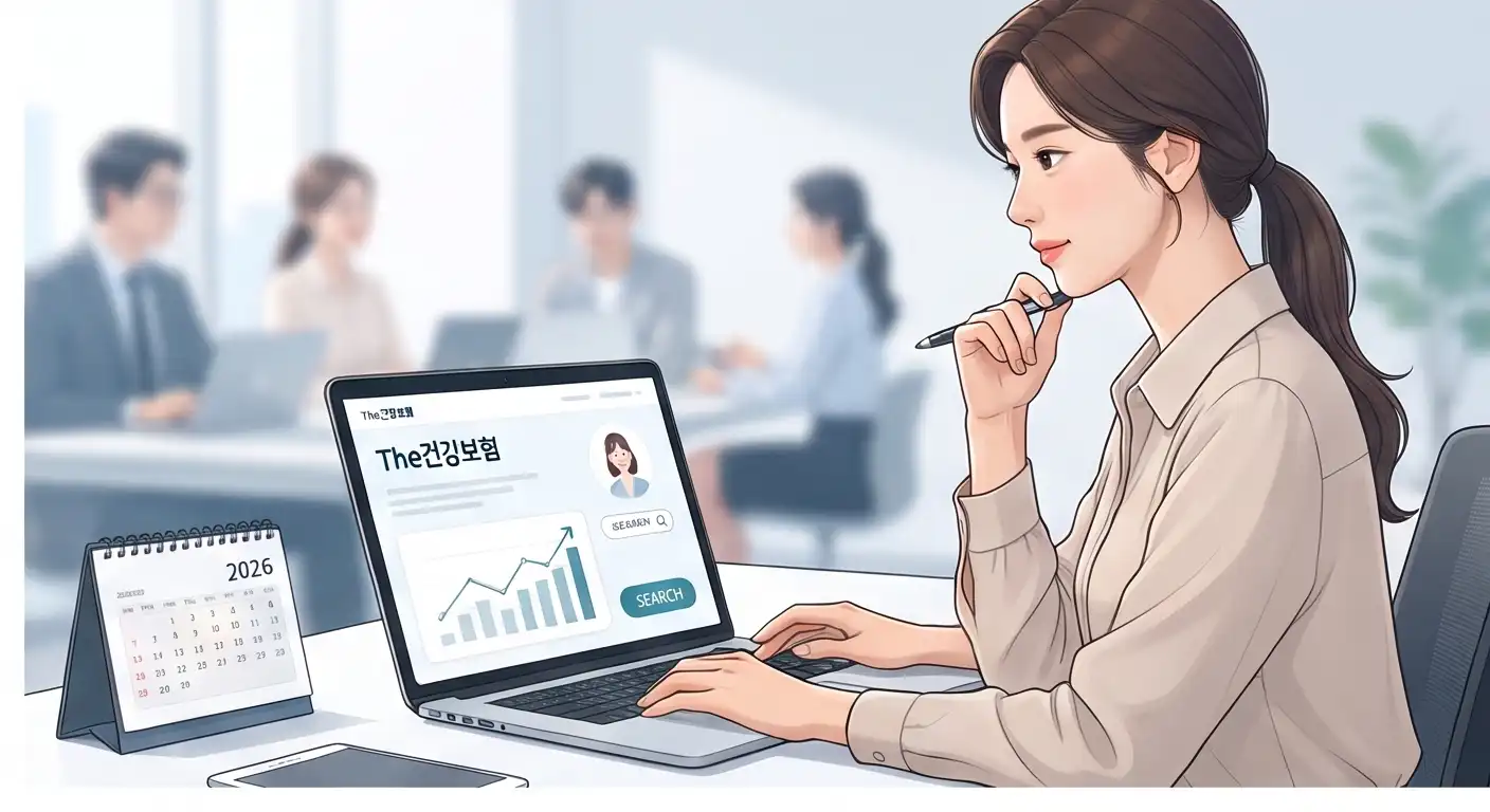 사무실에서 노트북의 The건강보험 웹사이트 화면을 보며 국가건강검진 대상을 조회하는 직장인 여성의 모습