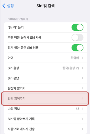 아이폰 설정에서 &lsquo;알림 읽어주기(Announce Notifications)&rsquo; 위치 예시