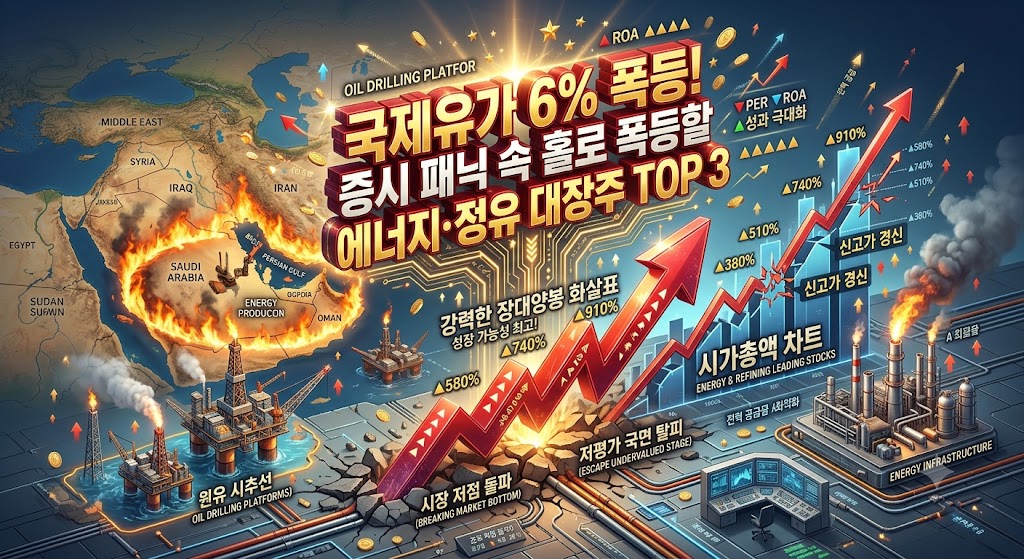 거대한 불길이 감도는 중동 지도와 원유 시추선 배경 위로 "국제유가 6% 폭등! 증시 패닉 속 홀로 폭등할 에너지&middot;정유 대장주 TOP 3"라는 황금색 입체 타이틀 자막이 웅장하게 박혀 있고, 시가총액 차트 위로 붉은색 강력한 장대양봉 화살표가 결합된 3D 테크니컬 시황 인포그래픽 이미지.