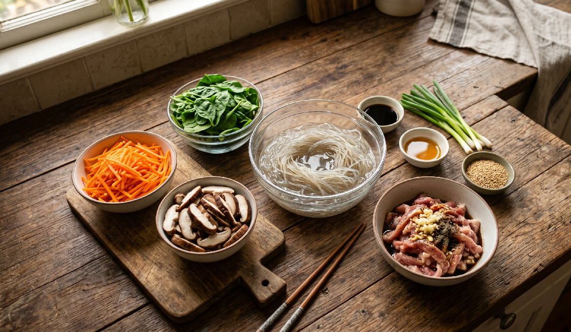 물에 불린 당면, 밑간한 돼지안심, 채썬 당근, 물에 불린 건표고버섯, 시금치, 쪽파, 간장, 참깨, 참기름, 소금 약간을 준비합니다.