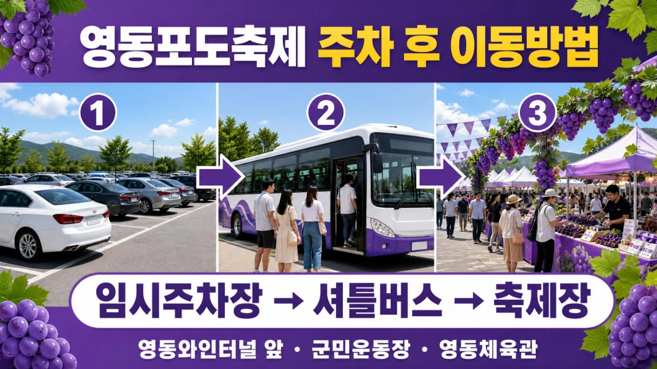 영동포도축제 임시주차장에서 셔틀버스를 이용해 축제장으로 이동하는 방법