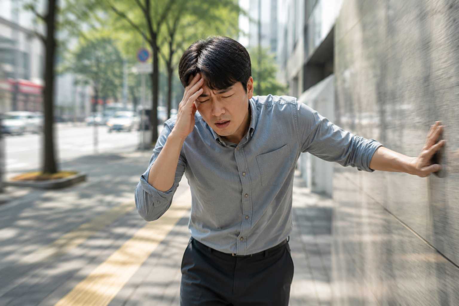 도심에서 시야가 갑자기 흐려지고 어지럼증을 느끼는 남성의 모습