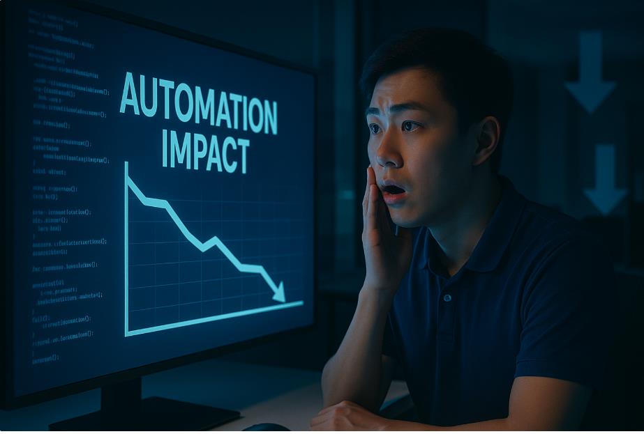 AI 위협 화면을 보며 불안해하는 개발자