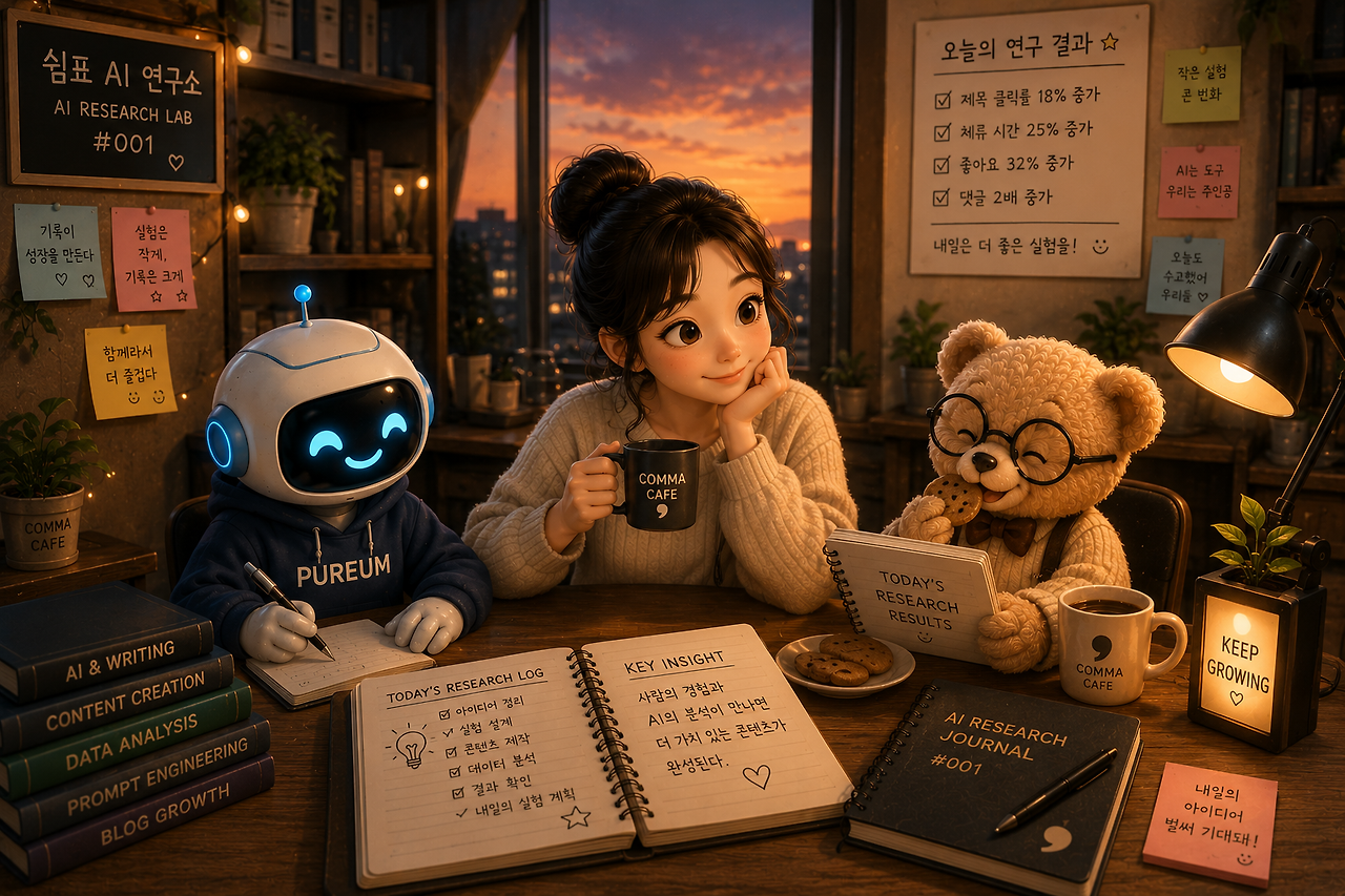 오늘의 연구 결과를 공유하며 커피 한 잔의 여유를 즐기는 쉼표와 연구원들.